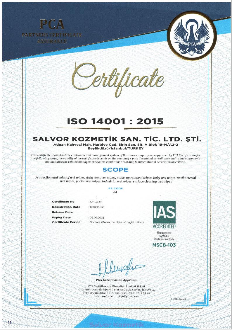 Salvor Kozmetik Certificate ISO 14001 : 2015